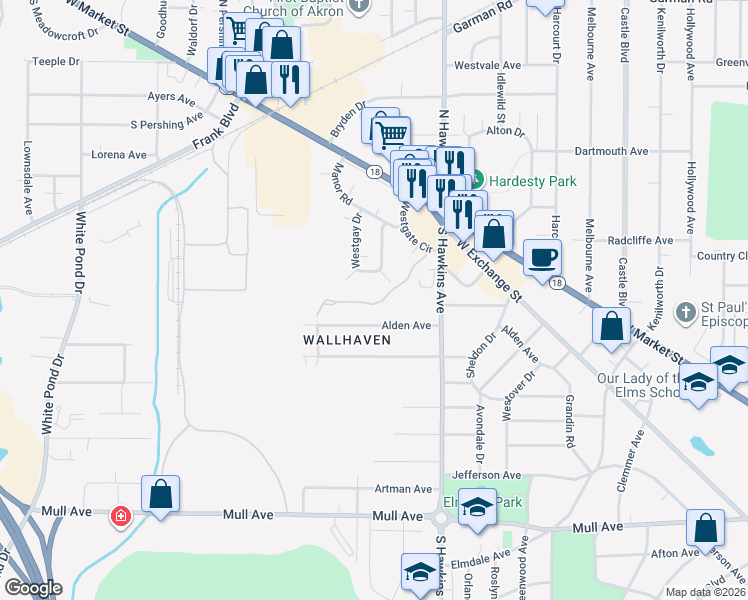 map of restaurants, bars, coffee shops, grocery stores, and more near 287 Alden Avenue in Akron