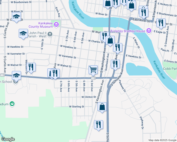 map of restaurants, bars, coffee shops, grocery stores, and more near 1256-58 South 4th Avenue in Kankakee