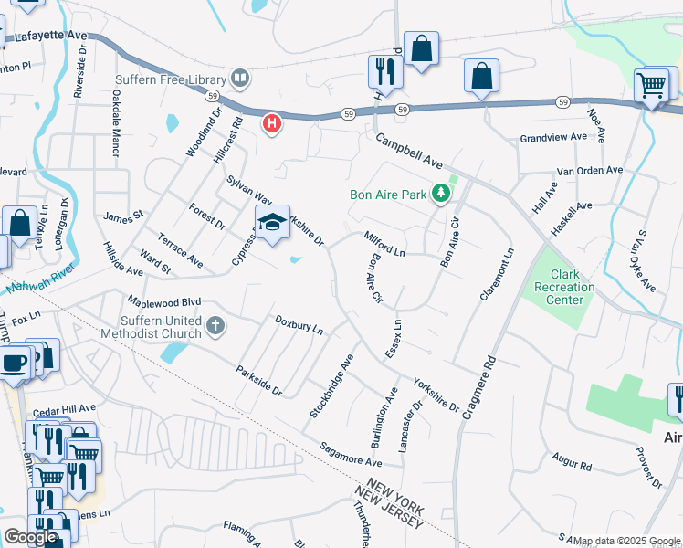 map of restaurants, bars, coffee shops, grocery stores, and more near 100 Yorkshire Drive in Suffern