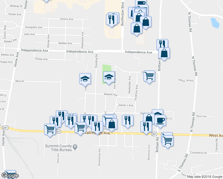 map of restaurants, bars, coffee shops, grocery stores, and more near 1333 Betana Avenue in Akron