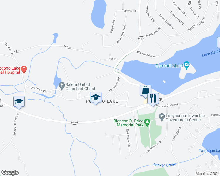 map of restaurants, bars, coffee shops, grocery stores, and more near 123 Firehouse Road in Pocono Pines