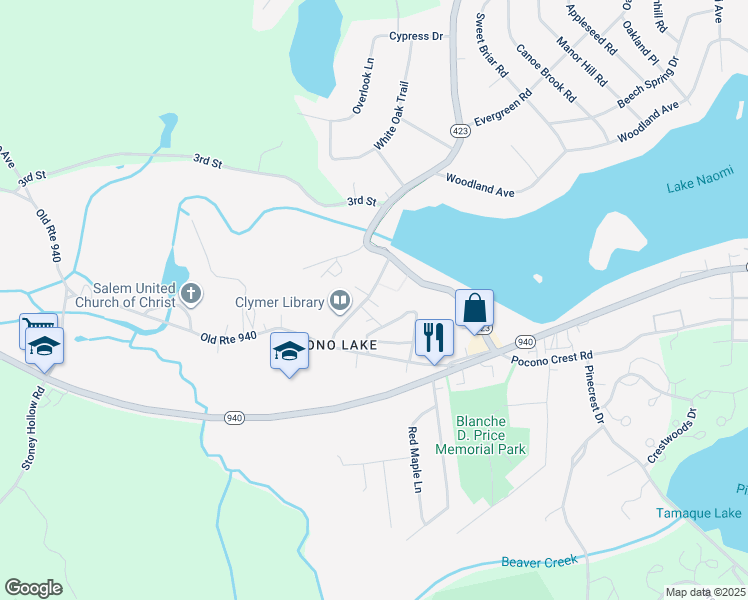 map of restaurants, bars, coffee shops, grocery stores, and more near 128 Firehouse Road in Pocono Pines