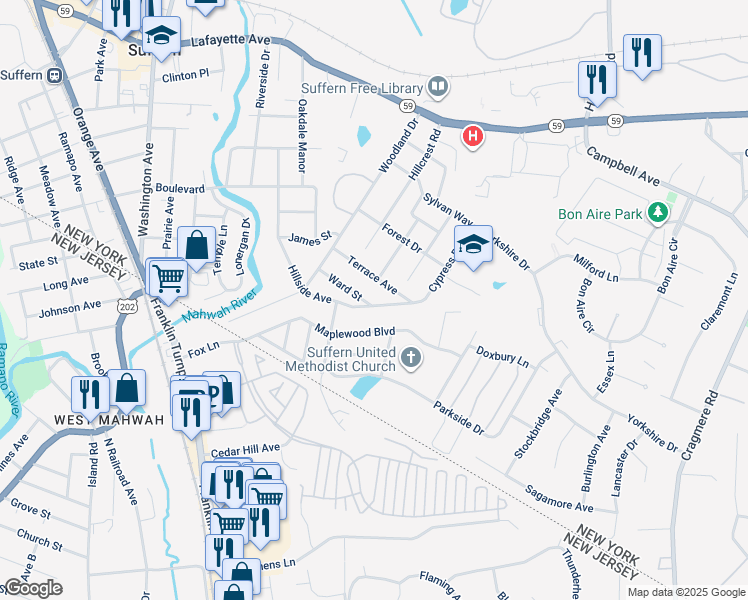 map of restaurants, bars, coffee shops, grocery stores, and more near 56 Hillside Avenue in Suffern