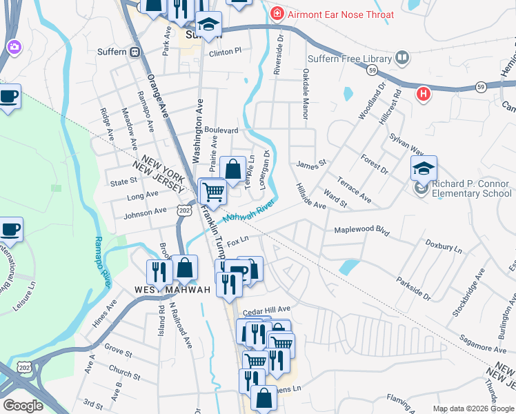 map of restaurants, bars, coffee shops, grocery stores, and more near 25 Interstate Street in Suffern