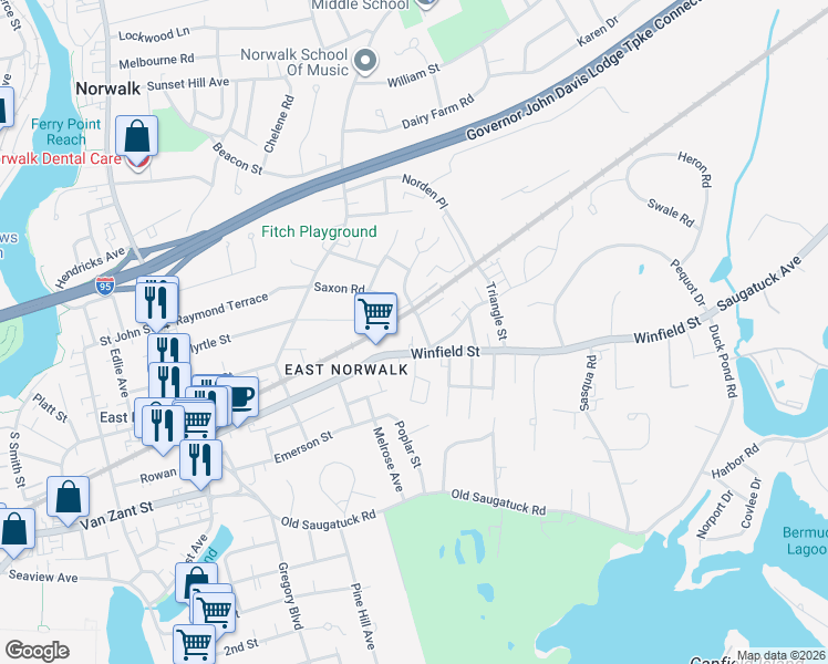 map of restaurants, bars, coffee shops, grocery stores, and more near 78 Winfield Street in Norwalk