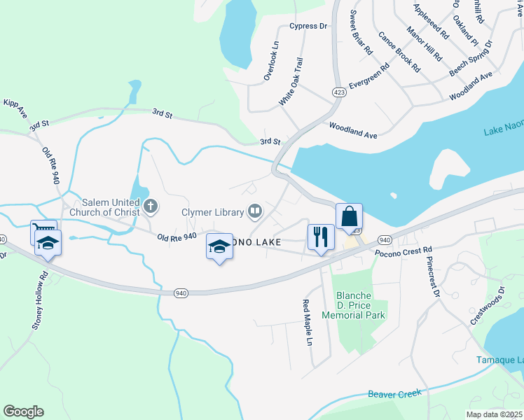 map of restaurants, bars, coffee shops, grocery stores, and more near 123 Firehouse Road in Pocono Pines