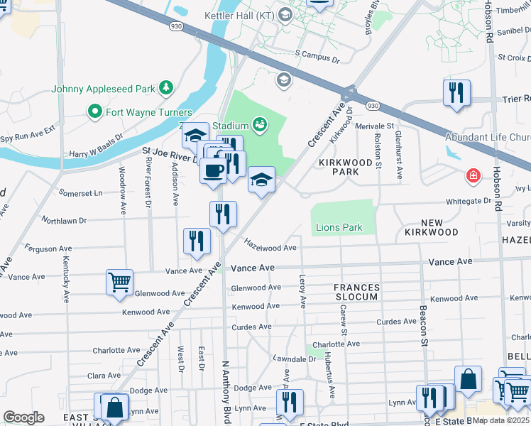 map of restaurants, bars, coffee shops, grocery stores, and more near 3228 Crescent Avenue in Fort Wayne