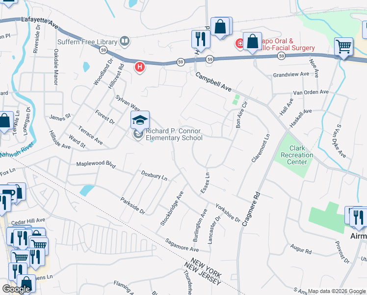 map of restaurants, bars, coffee shops, grocery stores, and more near 66 Bon Aire Circle in Suffern