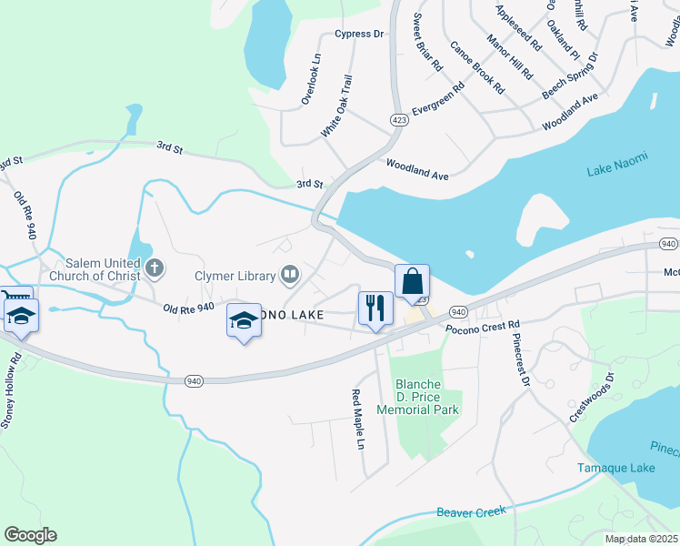 map of restaurants, bars, coffee shops, grocery stores, and more near 112 Sweet Pea Lane in Pocono Pines