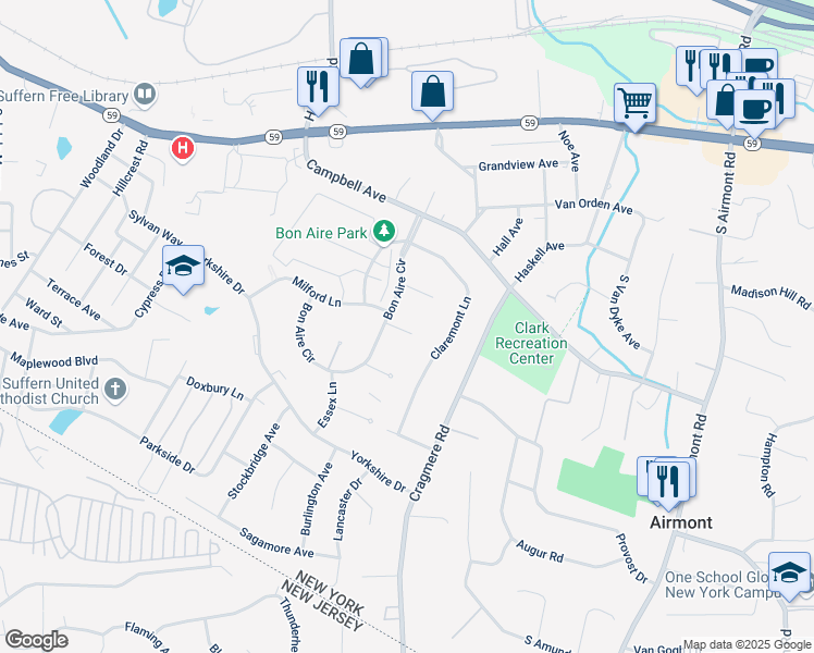 map of restaurants, bars, coffee shops, grocery stores, and more near 10 Lenox Court in Suffern