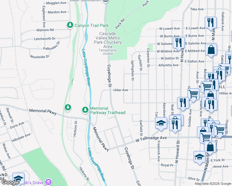 map of restaurants, bars, coffee shops, grocery stores, and more near 233 Uhler Avenue in Akron