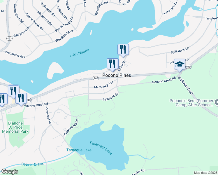 map of restaurants, bars, coffee shops, grocery stores, and more near 5257 Pocono Crest Road in Pocono Pines