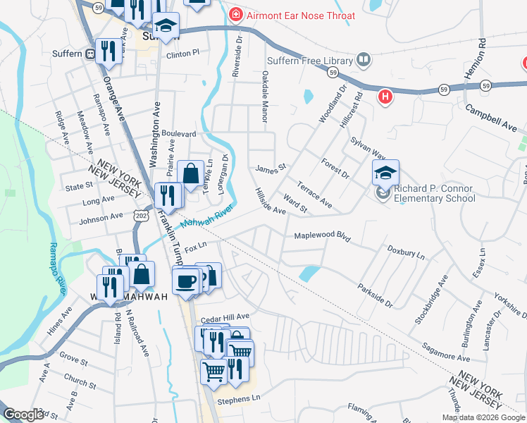 map of restaurants, bars, coffee shops, grocery stores, and more near 30 Hillside Avenue in Suffern
