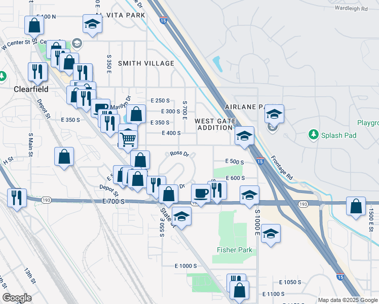 map of restaurants, bars, coffee shops, grocery stores, and more near 731 East 450 South in Clearfield