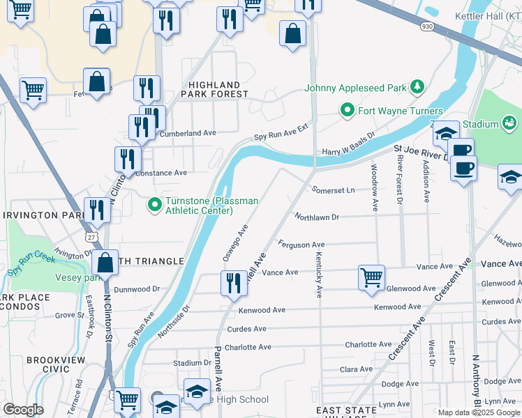 map of restaurants, bars, coffee shops, grocery stores, and more near 3245 Oswego Avenue in Fort Wayne