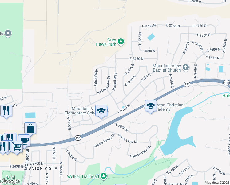 map of restaurants, bars, coffee shops, grocery stores, and more near 3232 North Redtail Way in Layton