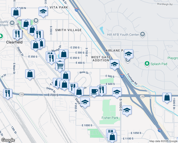 map of restaurants, bars, coffee shops, grocery stores, and more near 731 East 450 South in Clearfield