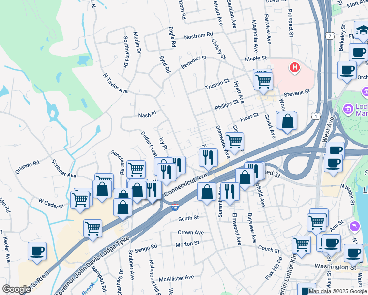 map of restaurants, bars, coffee shops, grocery stores, and more near 27 Ferris Avenue in Norwalk