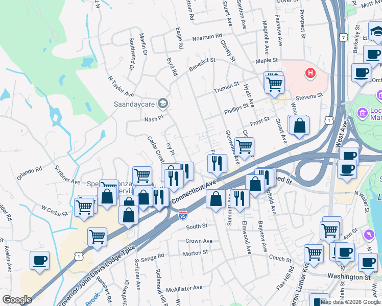 map of restaurants, bars, coffee shops, grocery stores, and more near 27 Ferris Avenue in Norwalk