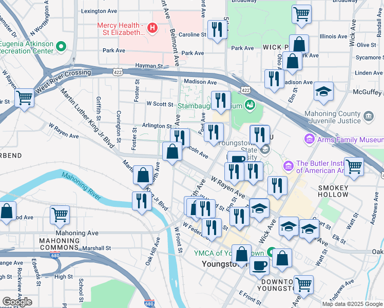 map of restaurants, bars, coffee shops, grocery stores, and more near 343 Arlington Street in Youngstown