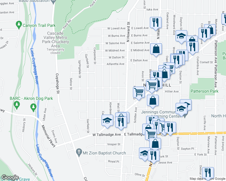map of restaurants, bars, coffee shops, grocery stores, and more near 812 Aberdeen Street in Akron