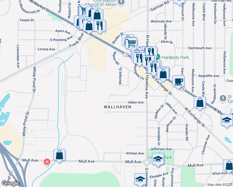map of restaurants, bars, coffee shops, grocery stores, and more near 118 Westgay Drive in Akron