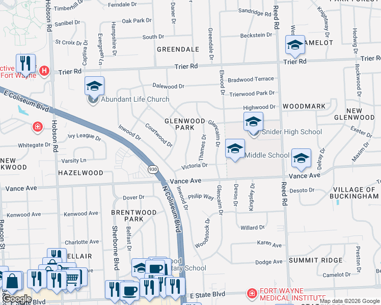map of restaurants, bars, coffee shops, grocery stores, and more near 3324 Chancellor Drive in Fort Wayne