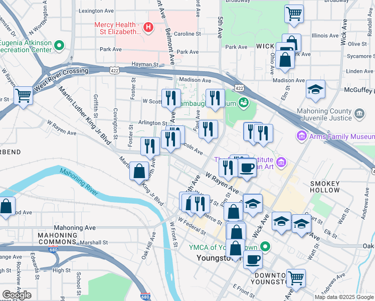 map of restaurants, bars, coffee shops, grocery stores, and more near 351 Lincoln Avenue in Youngstown