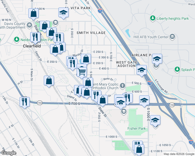 map of restaurants, bars, coffee shops, grocery stores, and more near 546 East 450 South in Clearfield