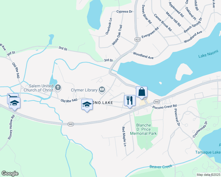 map of restaurants, bars, coffee shops, grocery stores, and more near 106 Firehouse Road in Pocono Pines