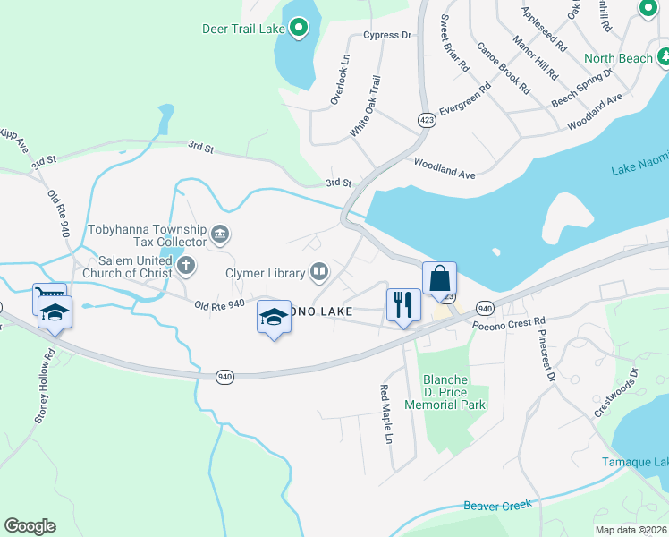 map of restaurants, bars, coffee shops, grocery stores, and more near 3rd St in Pocono Pines