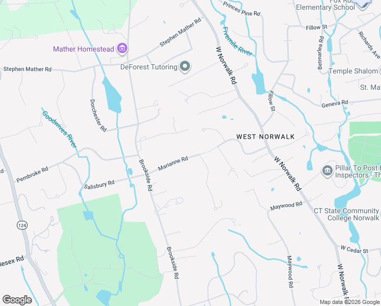 map of restaurants, bars, coffee shops, grocery stores, and more near 44 Huckleberry Lane in Darien
