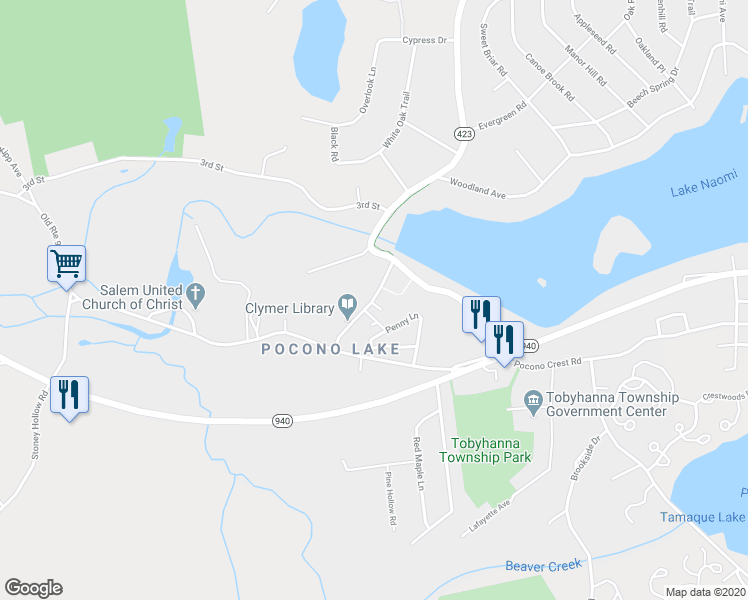 map of restaurants, bars, coffee shops, grocery stores, and more near 116 Firehouse Rd in Pocono Pines