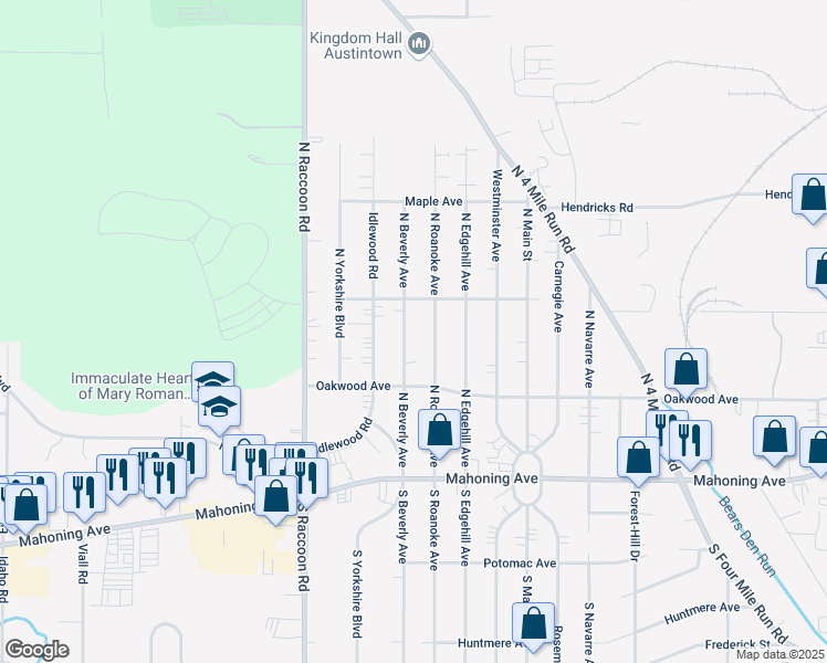 map of restaurants, bars, coffee shops, grocery stores, and more near 182 North Beverly Avenue in Youngstown