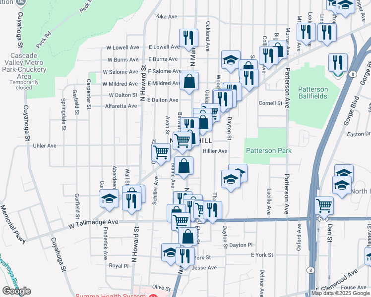 map of restaurants, bars, coffee shops, grocery stores, and more near 794 North Main Street in Akron