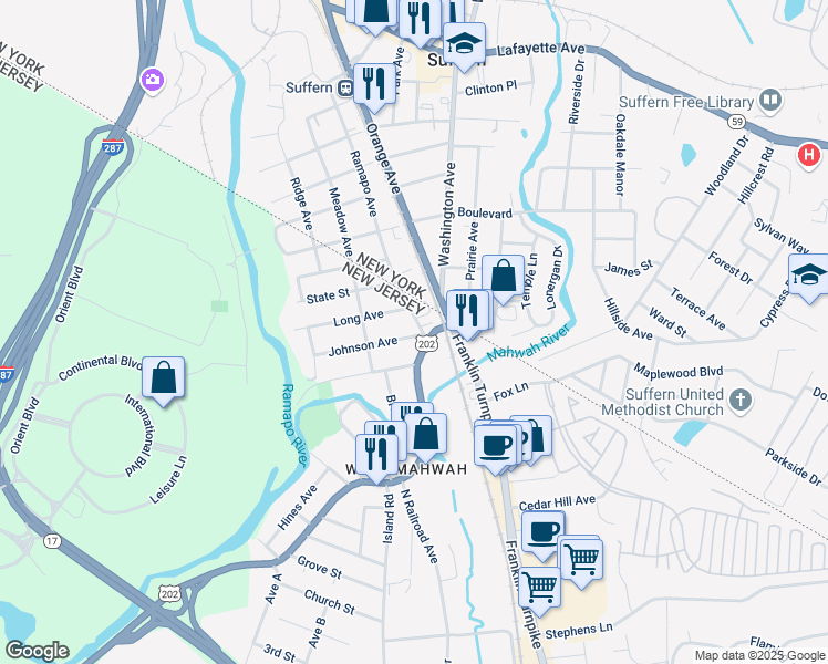 map of restaurants, bars, coffee shops, grocery stores, and more near 90 North Ramapo Avenue in Mahwah