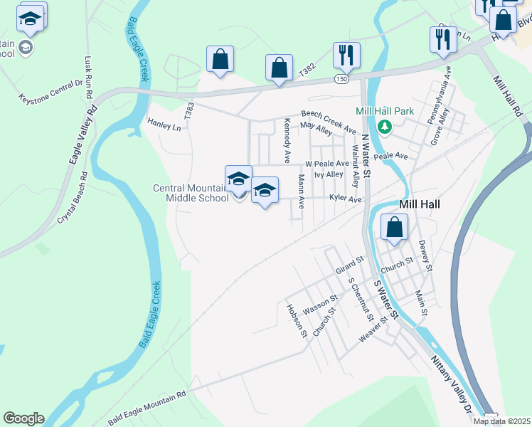 map of restaurants, bars, coffee shops, grocery stores, and more near 210 Kyler Avenue in Mill Hall
