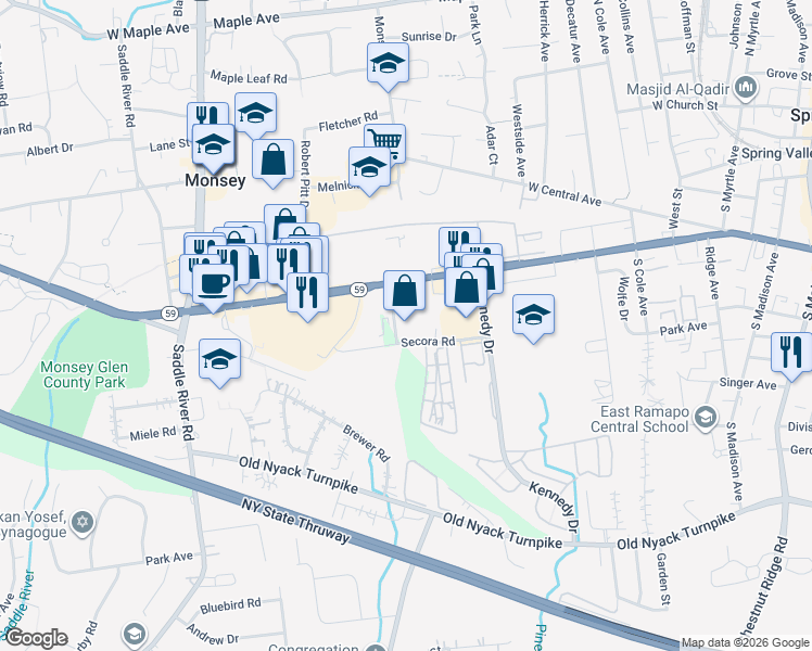 map of restaurants, bars, coffee shops, grocery stores, and more near 94 Secora Road in Monsey