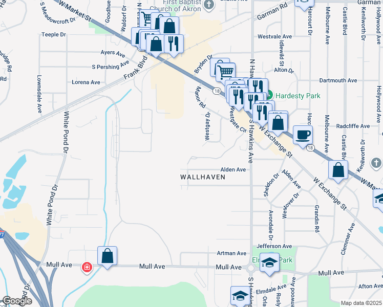 map of restaurants, bars, coffee shops, grocery stores, and more near 365 Village Pointe Drive in Akron