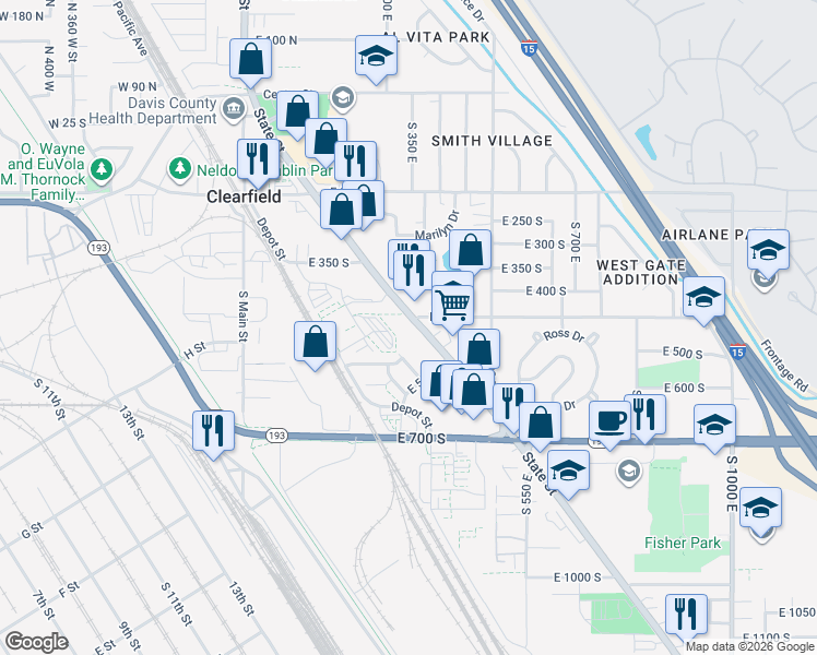 map of restaurants, bars, coffee shops, grocery stores, and more near in Clearfield