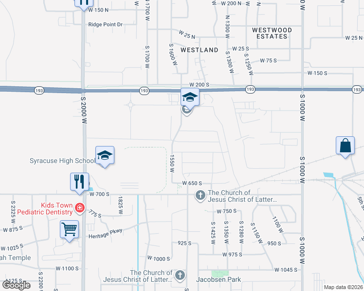 map of restaurants, bars, coffee shops, grocery stores, and more near 1496 West 450 South in Syracuse