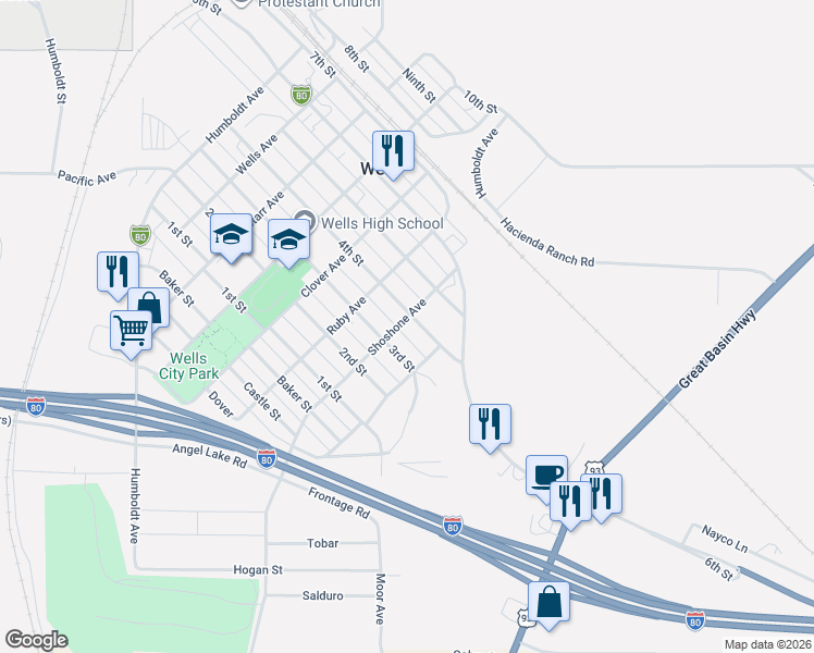 map of restaurants, bars, coffee shops, grocery stores, and more near 1400-1410 Shoshone Avenue in Wells
