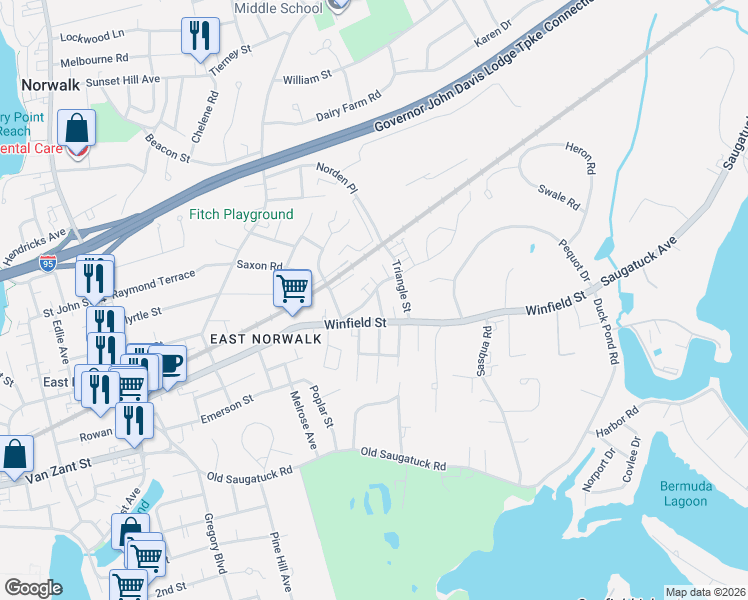 map of restaurants, bars, coffee shops, grocery stores, and more near 20 Howard Avenue in Norwalk