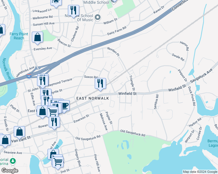 map of restaurants, bars, coffee shops, grocery stores, and more near 1 Woodside Avenue in Norwalk