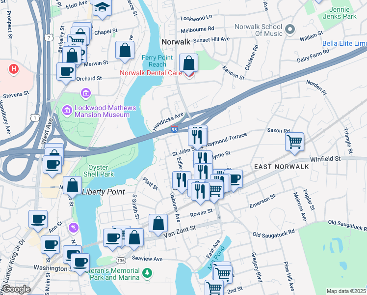 map of restaurants, bars, coffee shops, grocery stores, and more near 24 Laurel Street in Norwalk