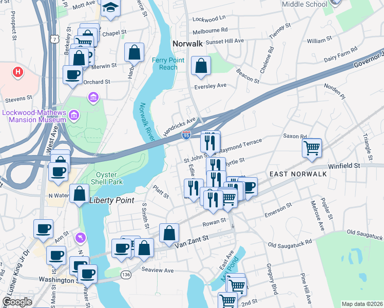 map of restaurants, bars, coffee shops, grocery stores, and more near 24 Laurel Street in Norwalk