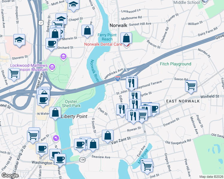 map of restaurants, bars, coffee shops, grocery stores, and more near 5 Mulberry Lane in Norwalk