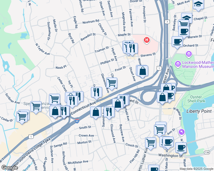 map of restaurants, bars, coffee shops, grocery stores, and more near 20 Glenwood Avenue in Norwalk