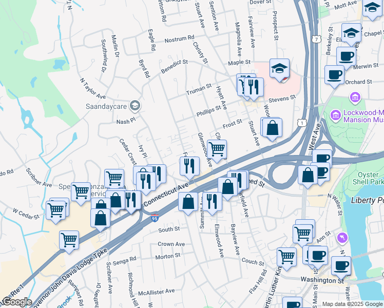 map of restaurants, bars, coffee shops, grocery stores, and more near 28 Ferris Avenue in Norwalk