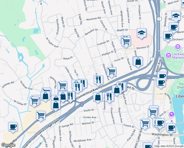 map of restaurants, bars, coffee shops, grocery stores, and more near 27 Ferris Avenue in Norwalk
